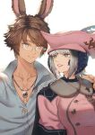  1boy 1girl au_ra black_cape blue_eyes blue_shirt cape collarbone eye_contact final_fantasy final_fantasy_xiv fur_trim glasses grey_hair hat hat_feather highres jewelry looking_at_another necklace partially_unbuttoned pink_headwear pink_shirt shirt sho_(sumika) smile tricorne upper_body viera white_hair 