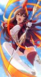  1girl absurdres aiming amber_(genshin_impact) blue_sky crossbow day fire full_body genshin_impact gloves hair_ribbon highres holding holding_weapon jacket long_hair onimoti open_clothes open_jacket open_mouth orange_eyes red_jacket red_ribbon ribbon shorts sky solo thighhighs weapon yellow_eyes 
