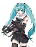  1girl aqua_hair artist_name black_gloves black_skirt blue_eyes body_armor bullpup commentary commission english_commentary expressionless gar32 gloves gun hatsune_miku headset highres holding holding_weapon long_hair microphone military p90 reloading shirt short_sleeves shoulder_tattoo skirt sling solo submachine_gun tattoo twintails very_long_hair vocaloid weapon white_background white_shirt zettai_ryouiki 