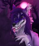  ambiguous_gender anthro bared_teeth canid canine canis claws duo fangs fangs_bared female hair halloween hi_res holidays inktober inktober_2022 long_hair mammal night outside purple_body solo solo_focus teeth tempting tolnga tongue tongue_out vampire wolf 