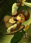  1girl :o animal_ears ass breasts brown_eyes brown_gloves cleavage collar dog_ears dog_girl dog_tail falling gloves green_pants highres holding holding_shield holding_sword holding_weapon isekai_meikyuu_de_harem_wo large_breasts legs long_hair looking_at_viewer nolia orange_hair pants parted_lips roxanne_(isekai_meikyuu_de_harem_wo) sandals shield signature socks solo sword tail weapon white_sleeves white_socks 