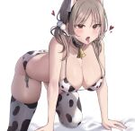  1girl absurdres all_fours animal_print bell bikini black_collar blue_archive breasts brown_eyes brown_hair collar cow_print cowbell heart highres large_breasts medium_hair moe_(blue_archive) neck_bell open_mouth poko_(poko) print_thighhighs saliva short_twintails side-tie_bikini_bottom simple_background solo sweat swimsuit thighhighs thighs tongue tongue_out twintails white_background white_bikini white_thighhighs 