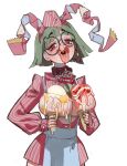 1girl breasts collar food food_on_body food_on_breasts freckles glasses green_hair highres ice_cream large_breasts looking_at_viewer medium_hair mossacannibalis nipples original red_eyes simple_background solo standing tongue tongue_out 