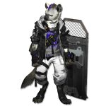  1boy arknights artist_request cowboy_shot dog_tags fingerless_gloves full_body fur furry furry_male gloves hyena_boy hyena_ears hyena_tail infection_monitor_(arknights) jacket male_focus non-web_source oripathy_lesion_(arknights) sitting solo source_request spot_(arknights) 