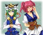  2girls :d arm_behind_back balance_scale black-framed_eyewear black_headwear blue_eyes blue_kimono blue_vest breasts bright_pupils cleavage daichi_(tokoya) epaulettes frilled_hat frills glasses green_background green_hair hat holding japanese_clothes juliet_sleeves kimono large_breasts long_sleeves multiple_girls obi onozuka_komachi open_mouth puffy_sleeves red-framed_eyewear red_hair rod_of_remorse sash shiki_eiki short_hair short_sleeves smile touhou upper_body vest weighing_scale white_pupils 