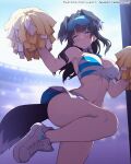  1girl animal_ears animated animated_gif arm_up armpits bare_arms black_hair blinking blue_archive blue_eyes blush breasts cheerleader closed_mouth crop_top dog_ears dog_tail goggles goggles_on_head hibiki_(blue_archive) hibiki_(cheerleader)_(blue_archive) holding holding_pom_poms large_breasts long_hair navel official_alternate_costume pom_pom_(cheerleading) shoes skirt solo standing standing_on_one_leg stomach sweat tail tail_wagging waero white_footwear white_skirt 