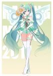  1girl absurdly_long_hair aqua_hair character_name crossed_legs detached_sleeves dress english_text flower full_body goodsmile_racing gradient_hair green_background green_dress hair_flower hair_ornament hatsune_miku highres holding holding_flower kusunokimizuha long_hair multicolored_hair over-kneehighs racing_miku racing_miku_(2017) simple_background sleeveless sleeveless_dress solo standing thigh_gap thigh_scrunchie thighhighs very_long_hair white_thighhighs wings yellow_flower 
