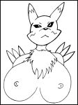  anthro bandai_namco big_breasts biped breasts canid canine clothed clothing digimon digimon_(species) female fox mammal monochrome nipples nude reddragonkan renamon smug solo topless traditional_media_(artwork) 