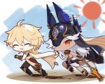  2boys aether_(genshin_impact) animal_ears animal_hood arabian_clothes bangs blonde_hair braid buzheng61241 cape chibi choker closed_eyes crop_top crying cyno_(genshin_impact) dark-skinned_male dark_skin genshin_impact gloves grey_hair headpiece highres hood jackal_ears long_hair looking_at_viewer male_focus multiple_boys open_mouth red_eyes running white_cape 