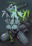  anthro arm_under_breasts breasts clothing cybernetic_arm cybernetic_limb dragon female fishnet fishnet_legwear glistening glistening_breasts glowing glowing_eyes green_eyes hair harness hi_res horn kneeling legwear lingerie long_tail odessa_(shycyborg) panties pasties scalie shermugi solo underwear white_hair 