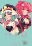 2girls :d alternate_costume black_headwear closed_mouth green_eyes green_hair hair_bobbles hair_ornament index_finger_raised looking_at_viewer multiple_girls onozuka_komachi open_mouth red_eyes red_hair shiki_eiki smile touhou two_side_up upper_body v yamadori_ofuu 