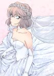  1girl absurdres alternate_costume bangs blue_eyes breasts bridal_veil brown_hair choker collarbone dress elbow_gloves flower gloves haibara_ai hair_between_eyes hair_flower hair_ornament head_wreath highres meitantei_conan open_mouth pink_background short_hair small_breasts solo strapless strapless_dress tonkwmy veil wedding_dress white_choker white_dress white_flower white_gloves 