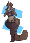  2018 anthro belly big_tail breasts brown_body brown_clothing brown_fur brown_hair brown_tail canid canine cleavage clothed clothing dark_clothing dogfluid female fox fur grey_eyes hair happy hi_res huge_thighs leggings legwear long_tail mammal multicolored_body multicolored_fur navel open_mouth slightly_chubby smile solo stockings thick_thighs thigh_highs two_tone_body two_tone_fur underwear wide_hips 