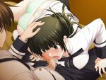  1boy 1girl black_pants black_ribbon blue_eyes breast_press breasts brown_hair censored clothes_lift dress_shirt game_cg green_hair green_panties hand_on_another&#039;s_head imminent_fellatio jacket kawagishi_keitarou long_hair long_sleeves maji_de_watashi_ni_koi_shinasai! mayuzumi_yukie medium_breasts miniskirt mosaic_censoring naoe_yamato neck_ribbon open_mouth panties pants penis ribbon shiny shiny_hair shirt short_hair skirt skirt_lift underwear white_jacket white_shirt 