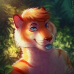  1:1 2019 anthro blep blue_eyes blue_tongue blurred_background bust_portrait dated felid front_view fur glistening glistening_eyes hair hi_res looking_at_viewer male mammal mylafox nude orange_body orange_fur orange_hair pantherine plant portrait shrub signature solo striped_body striped_fur stripes text tiger tongue tongue_out url white_body white_fur 