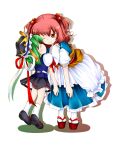  2girls aoi_mitsuru closed_eyes frilled_hat frills full_body geta green_hair hair_bobbles hair_ornament hat height_difference kiss leaning_forward looking_at_another multiple_girls one_eye_closed onozuka_komachi red_footwear red_hair shiki_eiki short_hair short_sleeves simple_background standing tall_female tiptoe_kiss tiptoes touhou two_side_up white_background 