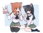  2girls animal_ears bangs birthday birthday_cake black_hair black_neckerchief black_socks black_thighhighs blouse blue_background blunt_bangs brown_eyes cake candle cat_ears closed_mouth commentary eating english_commentary food fork girls_und_panzer green_skirt hairband highres holding holding_food holding_fork kemonomimi_mode long_hair long_sleeves looking_at_another miniskirt mixed-language_commentary multiple_girls neckerchief ooarai_school_uniform orange_eyes orange_hair outside_border plate pleated_skirt reizei_mako ri_(qrcode) sailor_collar school_uniform seiza serafuku shirt sitting skirt smile socks takebe_saori thighhighs wariza white_hairband white_sailor_collar white_shirt 