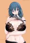  1girl bangs biting biting_clothes black_bra black_shorts blue_eyes blue_hair blush bra bra_strap breasts byleth_(fire_emblem) byleth_(fire_emblem)_(female) cleavage clothes_lift fingernails fire_emblem fire_emblem:_three_houses flashing hair_between_eyes hand_on_own_chest highres large_breasts linea_alba lingerie long_hair looking_at_viewer mature_female medium_hair navel open_bra shirt_lift shorts simple_background solo stomach sweatdrop teacher underwear vialnite 