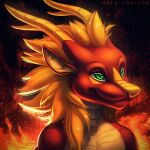  1:1 anthro blonde_hair bust_portrait closed_smile dragon glistening glistening_eyes green_eyes hair horn male mouth_closed mylafox nude portrait red_body red_scales scales scalie simple_background solo tan_body text url yellow_horn 