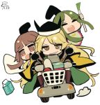  3girls black_headwear blonde_hair boots bottle brown_eyes brown_footwear brown_hair closed_eyes driving green_hair green_skirt grin ground_vehicle hat long_hair maaru_(akira428) matara_okina milk_bottle motor_vehicle motorcycle multiple_girls nishida_satono open_mouth short_hair_with_long_locks skirt smile spring_onion tate_eboshi teireida_mai touhou tricorne wide_sleeves 