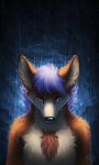  2019 3:5 anthro backlighting black_nose blue_eyes blue_hair bodily_fluids brown_body brown_fur bust_portrait canid cheek_tuft chest_tuft crying dated facial_tuft front_view fur glistening glistening_eyes hair hi_res light lighting male mammal mylafox narrowed_eyes neck_tuft portrait raining signature solo tan_body tan_fur tears tuft wet wet_body wet_fur 