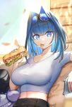  1girl bangs blue_eyes blue_hair breasts crop_top day eating eyewear_on_head food food_in_mouth hair_intakes highres holding holding_food hololive hololive_english large_breasts looking_at_viewer monkey1468 ouro_kronii sandwiched shirt short_sleeves solo sunglasses upper_body virtual_youtuber white_shirt 