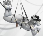  anthro balls bdsm bondage bound breasts butt canid canine canis clothing digital_media_(artwork) erection fur genitals grey_body grey_fur grumpy hat headgear headwear hi_res kazarart looking_at_viewer male mammal nude pawpads paws penis scar simple_background solo wolf 