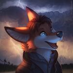  1:1 2019 anthro black_clothing black_hair black_jacket black_nose black_topwear blue_eyes bust_portrait canid canine clothed clothing cloud dated fangs fox fur glistening glistening_eyes grey_clothing grey_topwear hair happy hi_res jacket lightning looking_up male mammal mylafox open_mouth open_smile orange_body orange_fur outside portrait red_tongue signature smile solo three-quarter_view tongue topwear white_body white_fur 