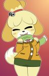  absurd_res animal_crossing bell canid canine canis clothing domestic_dog dreameclipsewolf female flat_colors happy hi_res isabelle_(animal_crossing) jacket mammal nintendo scarf shirt simple_background solo topwear video_games 