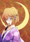  1girl absurdres alternate_costume bangs blue_eyes brown_hair collarbone floral_print flower haibara_ai hair_between_eyes hair_flower hair_ornament hand_fan highres holding holding_fan japanese_clothes kimono long_sleeves meitantei_conan orange_background print_kimono purple_kimono short_hair solo tonkwmy twitter_username upper_body wide_sleeves 