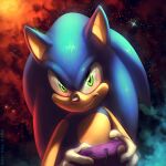  1:1 abstract_background anthro blue_body closed_smile controller eulipotyphlan front_view glistening glistening_eyes green_eyes half-length_portrait hedgehog holding_controller holding_object looking_at_viewer male mammal mouth_closed mylafox narrowed_eyes nebula nude portrait sega solo sonic_the_hedgehog sonic_the_hedgehog_(series) star tan_body text url 