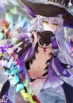  1girl blurry blurry_background blurry_foreground drowpan4_23 flat_chest hat highres hilda_(stella_glow) leotard long_hair navel see-through see-through_leotard solo_focus stella_glow very_long_hair white_hair witch witch_hat yellow_eyes 
