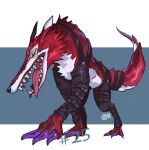  absurd_res bandai_namco canid canine canis claws cwdwcwdw digimon digimon_(species) fangmon feral fur hi_res leather long_snout mammal quadruped red_body red_fur scar snout solo tongue tongue_out wolf 