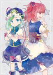  2girls :d asymmetrical_hair back-to-back blue_eyes blue_headwear blue_vest closed_mouth crossed_arms feet_out_of_frame green_hair hair_bobbles hair_ornament inuinui long_sleeves looking_at_viewer multiple_girls onozuka_komachi open_mouth red_eyes red_hair shiki_eiki short_hair simple_background smile standing star_(symbol) touhou two_side_up vest white_background 