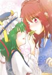  2girls blue_headwear closed_eyes food frilled_hat frills green_hair hair_bobbles hair_ornament hat holding holding_food kiduki_kaya long_sleeves looking_at_another multiple_girls onozuka_komachi open_mouth red_eyes red_hair shiki_eiki short_hair simple_background smile touhou two_side_up upper_body white_background wide_sleeves yuri 