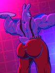  absurd_res anthro biceps big_butt big_muscles bonnie_(fnaf) butt clothed clothing five_nights_at_freddy&#039;s five_nights_at_freddy&#039;s:_security_breach fur glamrock_bonnie_(fnaf) hair hi_res huge_butt huge_muscles lagomorph leporid male mammal muscular muscular_anthro muscular_male open_mouth rabbit rear_view scottgames simple_background solo suspenders vezerem video_games 