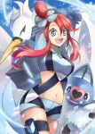  1girl :d arms_up bangs blue_eyes blue_gloves blue_shorts cowboy_shot crop_top floating_hair gloves hair_between_eyes highres holster long_hair midriff navel open_mouth pokemon pokemon_(creature) pokemon_(game) pokemon_bw red_hair shiny shiny_hair short_shorts shorts skindentation skyla_(pokemon) smile solo standing stomach swanna thigh_holster twintails twitter_username yomogi_(black-elf) 