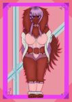  2022 absurd_res anthro bell bell_collar big_breasts big_ears big_tail bird_dog bow_accessory bra breasts brown_body brown_fur canid canine canis cardigan claws clothing collar collar_with_bell domestic_dog emberzpen_(artist) female fluffy fluffy_ears fluffy_tail fur hair hi_res hunting_dog irish_setter lace leg_warmers legwear line_art lingerie long_hair mammal mesh_underwear mitzie_(emberzpen) navel panties pastel paws purple_eyes purple_hair setter shaded simple_background solo thick_thighs underwear watermark wide_hips 