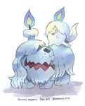  :d blue_fire commentary_request fang fire flame greavard highres kotone11152 litwick no_humans open_mouth pokemon pokemon_(creature) riding riding_pokemon skin_fang smile tongue white_background yellow_eyes 