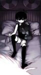  1boy alfalfa_juice black_eyes black_hair black_thighhighs closed_mouth collarbone colored_skin expressionless highres holding holding_knife holding_stuffed_toy indoors knife lifebuoy looking_at_viewer omori omori_(omori) on_bed short_hair shorts sitting solo spoilers stuffed_toy tank_top thighhighs white_skin 