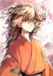  1other ametsukana_yago androgynous bandage_over_one_eye brown_hair cherry_blossoms closed_mouth commentary_request falling_petals hemo_(hemoroda) highres hyottoko_mask japanese_clothes kimono len&#039;en long_hair long_sleeves mask orange_kimono petals red_eyes smile solo upper_body 