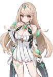  1girl absurdres bangs bare_shoulders blonde_hair breasts chest_jewel circlet cleavage cleavage_cutout closed_mouth clothing_cutout dress earrings elbow_gloves etoria gloves highres jewelry long_hair looking_at_viewer mythra_(xenoblade) simple_background solo swept_bangs white_background white_dress white_gloves xenoblade_chronicles_(series) xenoblade_chronicles_2 yellow_eyes 