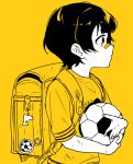  1boy absurdres aged_down bachira_meguru backpack bag bag_charm ball bandaid bandaid_on_face bandaid_on_nose bangs blue_lock charm_(object) child from_side highres holding holding_ball male_child male_focus monochrome pepupapipooo randoseru shirt short_hair short_sleeves simple_background soccer_ball solo upper_body yellow_background yellow_theme 