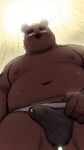  2022 anthro belly big_belly black_nose blush bodily_fluids brown_body clothed clothing erection erection_under_clothing hi_res humanoid_hands kemono kick_(artist) male mammal moobs navel nipples overweight overweight_male solo sweat underwear ursid 