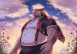  2022 anthro bottomwear brown_body clothing cloud detailed_background flower hermann_(knights_college) humanoid_hands kemono knights_college kuremura62213 male mammal musclegut outside overweight overweight_male pants plant shirt solo suid suina sus_(pig) suspenders topwear video_games visual_novel wild_boar 