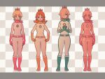  4girls bellhenge blonde_hair blue_eyes blue_gloves bodysuit boots brown_hair crown earrings flower full_body gloves gold jewelry long_hair looking_at_viewer mario_(series) mario_kart mario_kart_8 multiple_girls orange_gloves pink_gloves pink_gold_peach ponytail princess_daisy princess_peach rosalina scarf short_hair standing star_(symbol) starish 