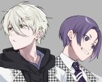  2boys absurdres bangs blonde_hair blue_lock brown_eyes collared_shirt grey_background grin hair_between_eyes highres hood hood_down houndstooth jacket looking_away looking_to_the_side male_focus mikage_reo multiple_boys nagi_seishirou necktie pepupapipooo portrait purple_eyes purple_hair purple_necktie shirt short_hair simple_background smile 