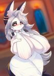  alipse anthro bicolored_fur big_breasts breasts canid canid_demon clothing demon dress female hair hellhound helluva_boss hi_res huge_breasts jewelry long_hair loona_(helluva_boss) mammal silver_hair solo white_clothing white_dress white_eyes wide_hips 