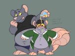 2022 anthro belly big_belly bottomwear clothing duo english_text hi_res male mammal murid murine navel overweight overweight_male pink_nose rat rodent shirt shorts simple_background spinty text tongue tongue_out topwear 