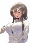  1girl 1other arms_behind_back blue_bra blush bra bra_visible_through_clothes breasts brown_hair button_gap cleavage closed_eyes collarbone collared_shirt hair_between_eyes imminent_grope large_breasts long_hair long_sleeves maku_ro open_mouth original school_uniform see-through shirt sidelocks simple_background solo_focus underwear upper_body wet wet_clothes wet_shirt white_background white_shirt 